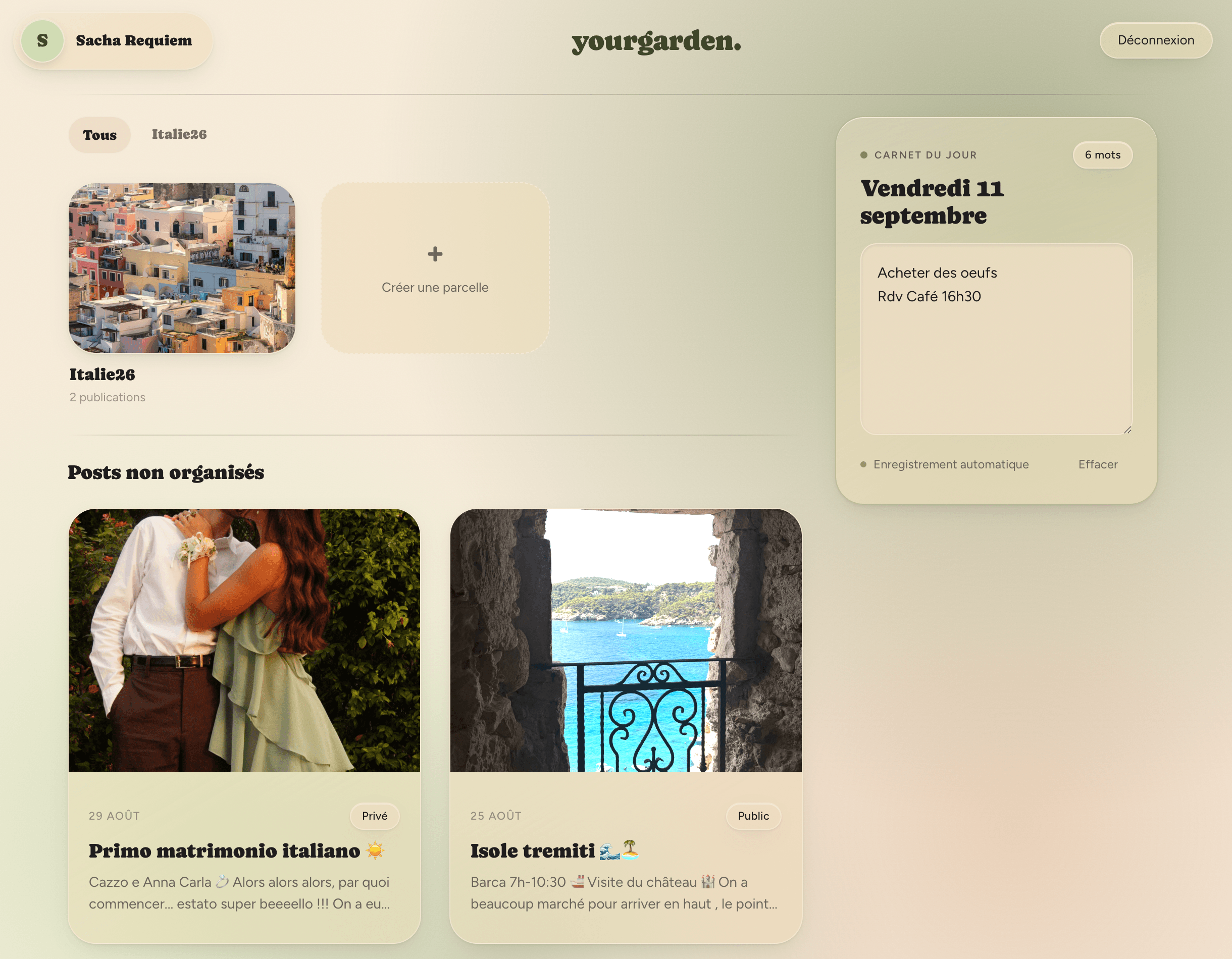La page d’accueil d’un jardin : parcelles en haut, publications en dessous