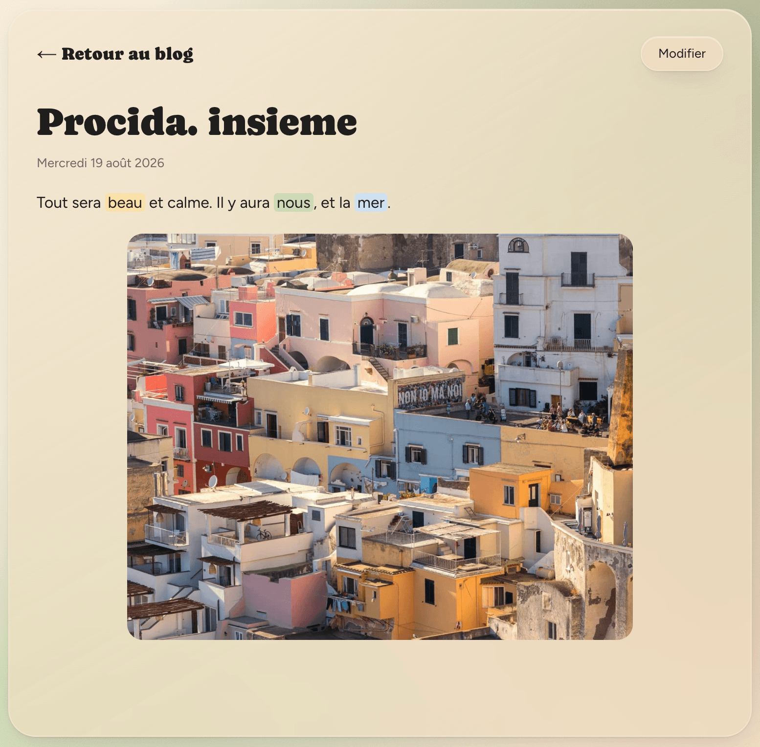 Une publication en lecture, avec sa photo et son texte